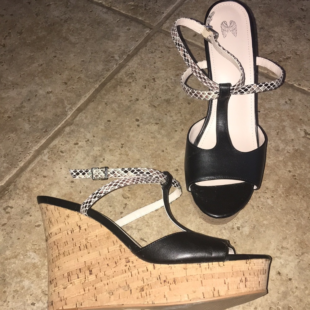 Angel Wings Black Faux Leather Cork Wedges